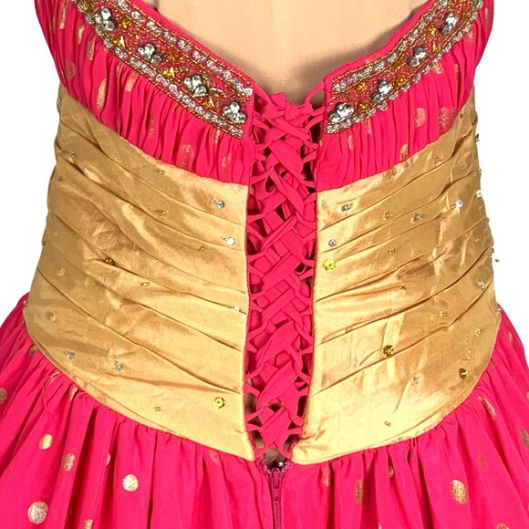 Gold & Pink Halter Formal Ball Gown Beaded Bodice Lace-Up Corset Back Kiss Kiss - Picture 6 of 14